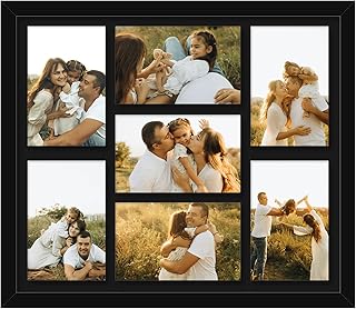 4x6 Picture Frame Collage for Wall, Display 7 Pcs 4x6 Photos with Mat or 12x14 Without Mat, 7 Opening Photo Frame for 4 x 6 Pictures with Shatter Resistant Plexiglass, Black Mat, Black