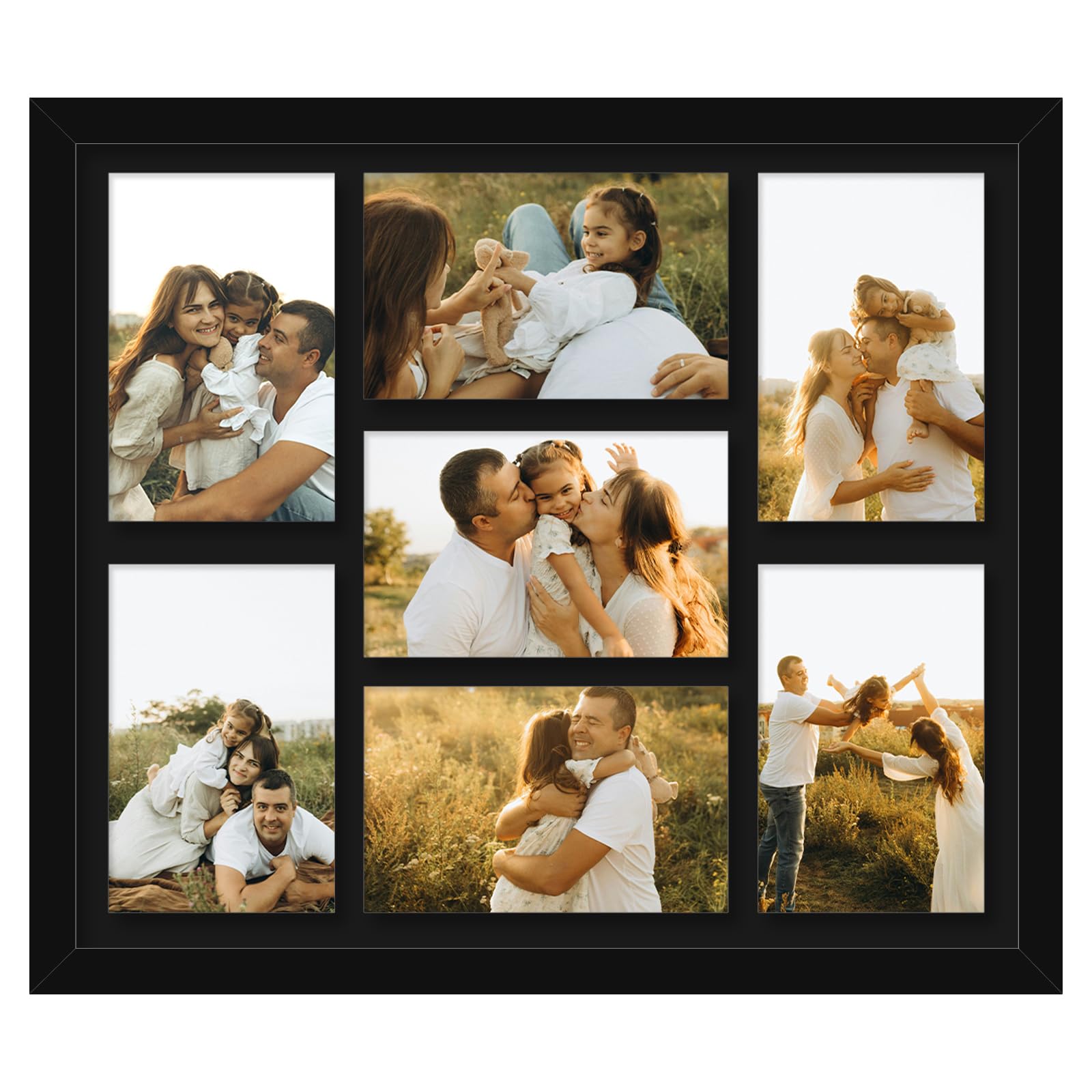 Photo 1 of HEYTUYA 4x6 Picture Frame Collage for Wall, Display 7 Pcs 4x6 Photos with Mat or 12x14 Without Mat, 7 Opening Photo Frame for 4 x 6 Pictures with Shatter Resistant Plexiglass, Black Mat, Black