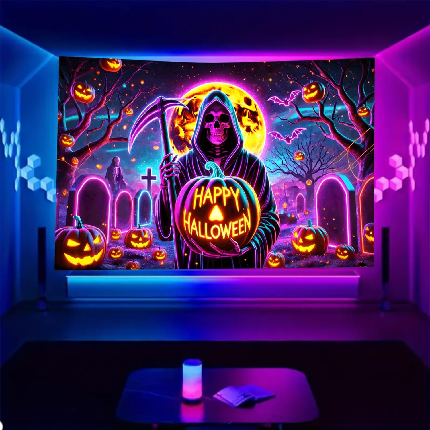 BSFHH Black Light Tapestry – UV Reactive Glow in the Dark Wall Hanging, Spooky Night Scene with Ghosts & Pumpkins, Haunting Home Decor for Parties, Bedroom, or Dorm (Skull & Pumpkin, 90L" x 70W", Unframed)