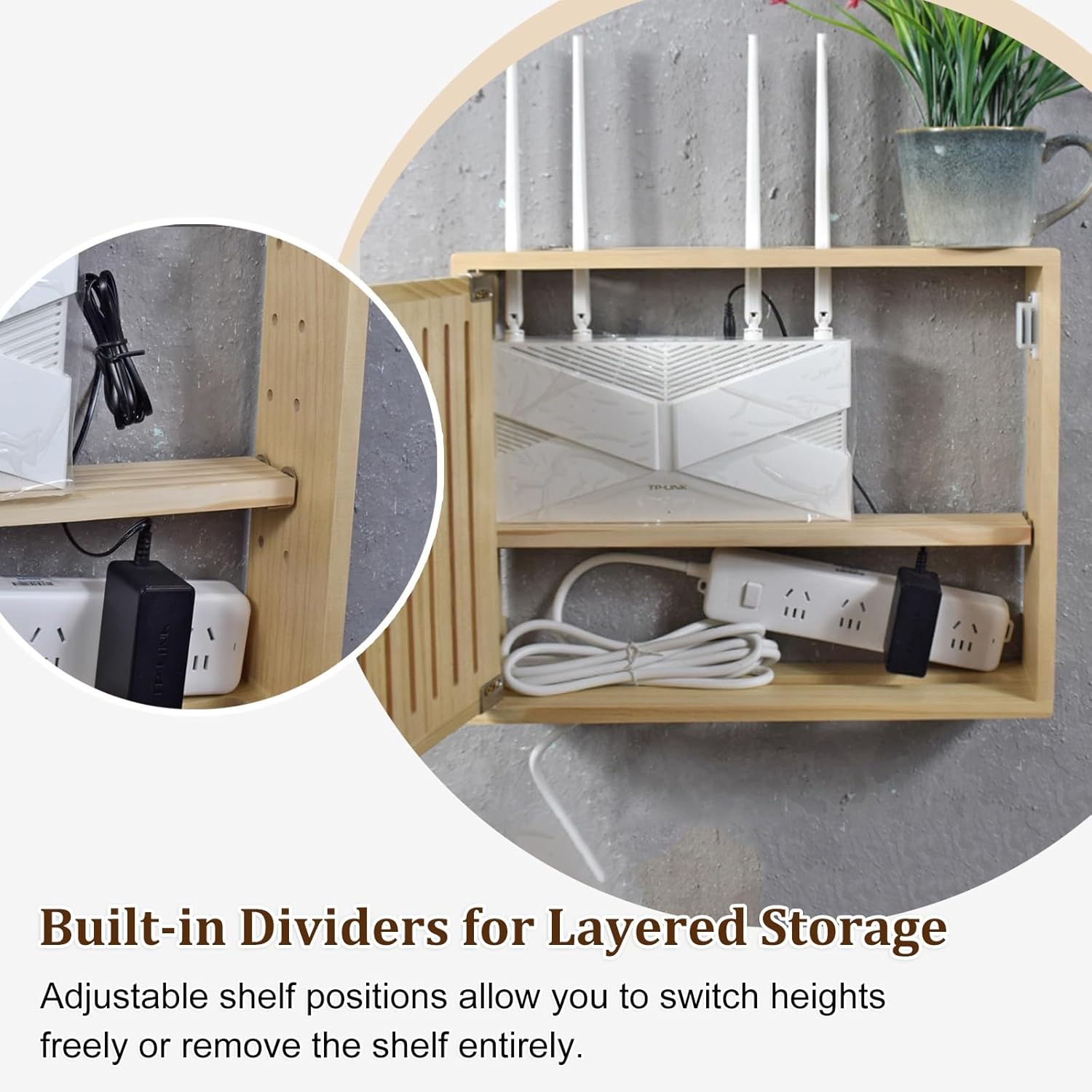 Wall Mounted Router Box Hider - Stylish Wooden Storage Shelf for WiFi Router, Conceals & Organizes Cables, Ideal for Home & Office (Teak, L49.5 * 42cm/19.4 * 16.5in)