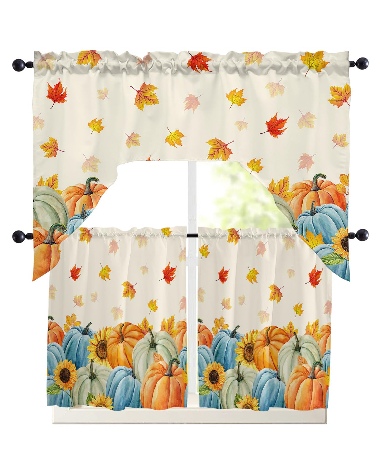 Thanksgiving Fall Swag Kitchen Curtain Sets with Valance,3 Pieces Rod Pocket Curtain Drapes for Bedroom Living Room Bathroom Cafe Windows,Colored Pumpkins Maple Leaves 56''x36'' & 24''x27.5''x2Panels