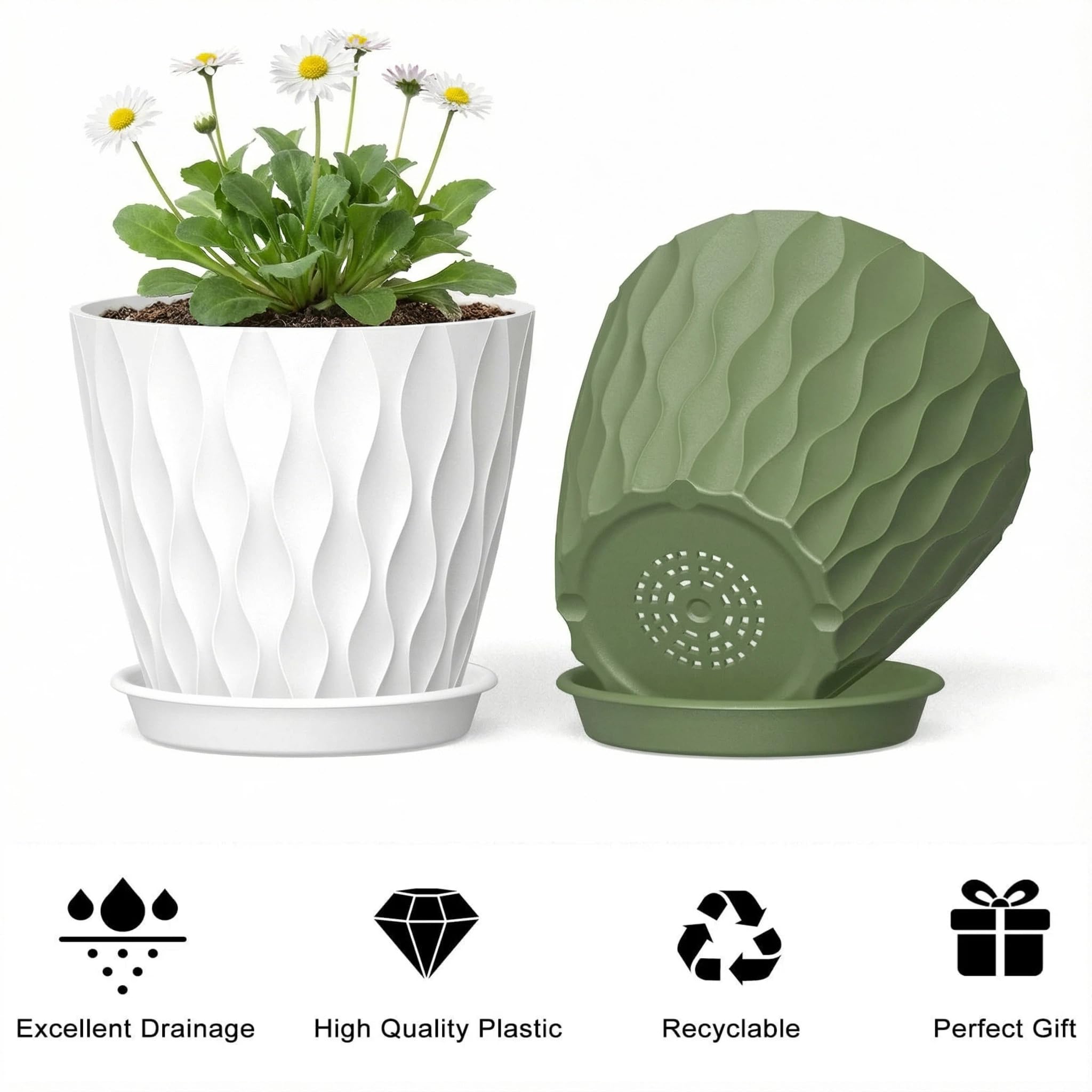 5 Piezas Macetero con Plato, 12.6CM Maceta Redonda de Plástico con 5 Etiquetas, Macetas con Platillo de Agujeros de Drenaje Maceteros Decorativos Interior para Balcón, Interior, Jardín (Multicolor) — view 3