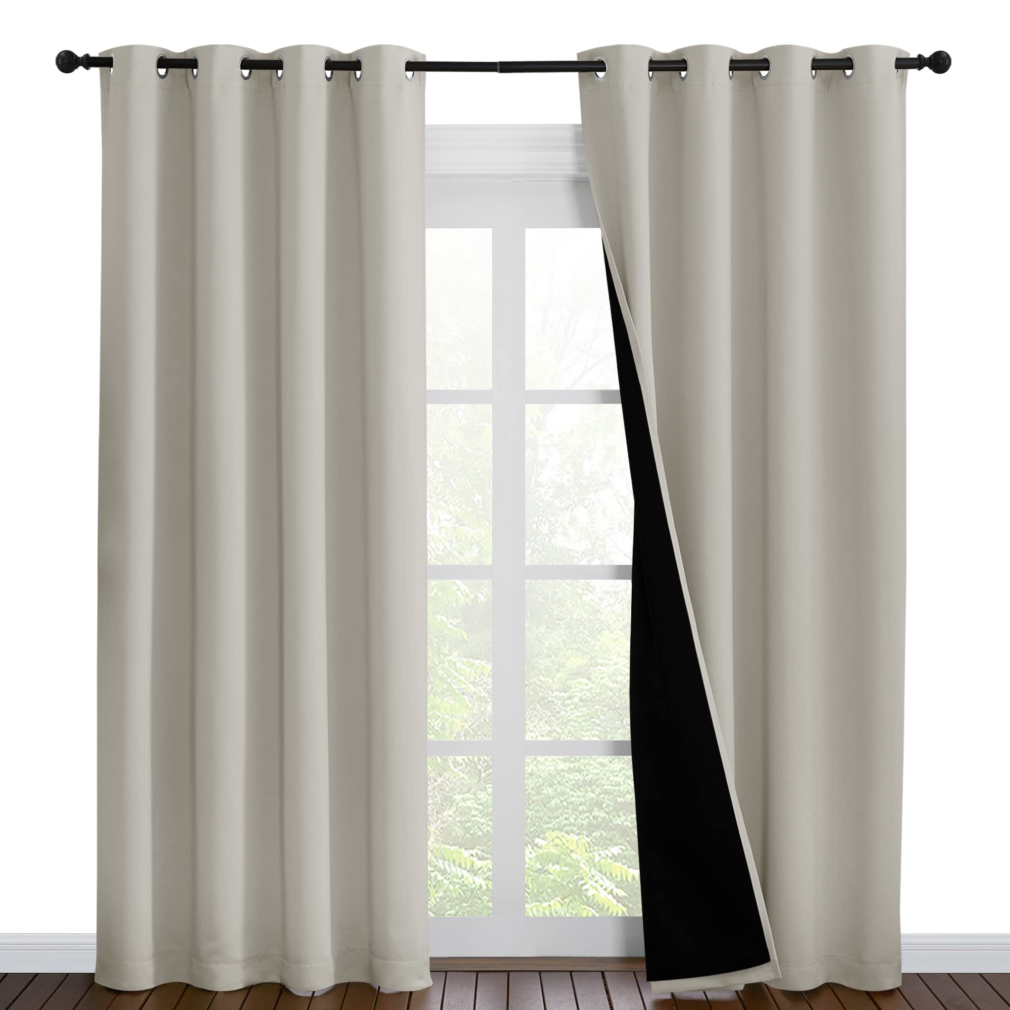 NICETOWN 100% Blackout Window Curtain Panels, Cold and Full Light Blocking Drapes with Black Liner for Nursery, 86 inches Drop Thermal Insulated Draperies (Natural, 2 Pieces, 55" Wide Each Panel)