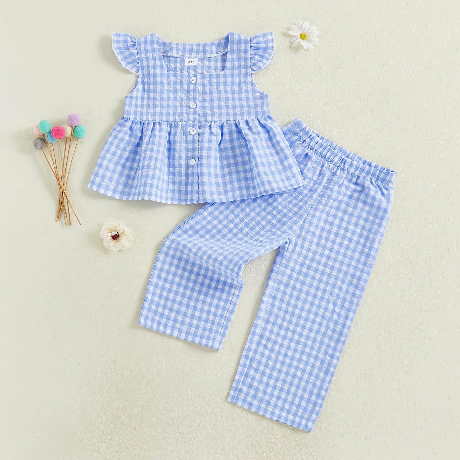 FOCUSNORM Toddler Baby Girl Clothes Flying Sleeve Plaid Button Up Tops Pants Sets Infant Cute Baby Girl Summer Outfits