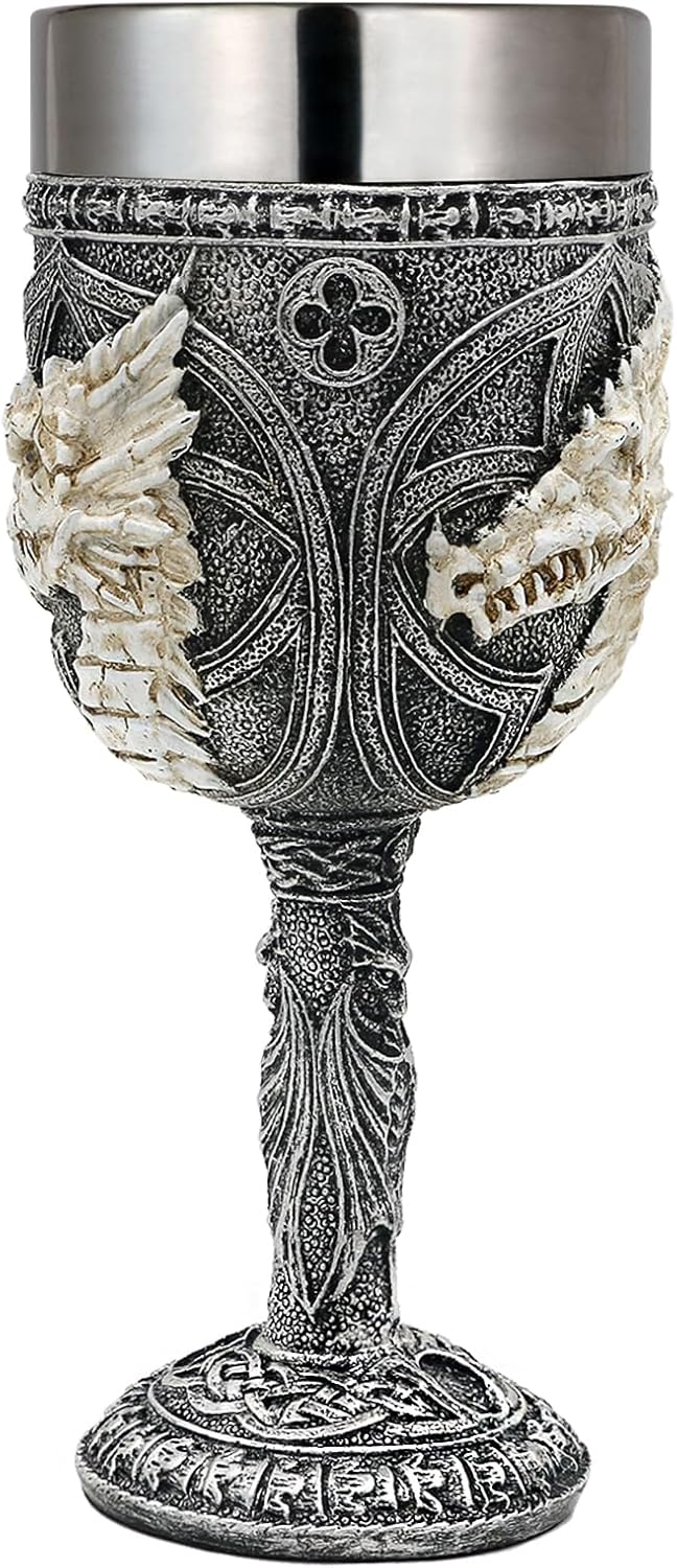 alikiki Medieval Skull GOT Dragon-Goblet - 7oz D&D Wine Goblets Chalices Dungeons and Dragons Gift Gothic Party Decor Father Day Birthday Stainless Steel Drinking Cups
