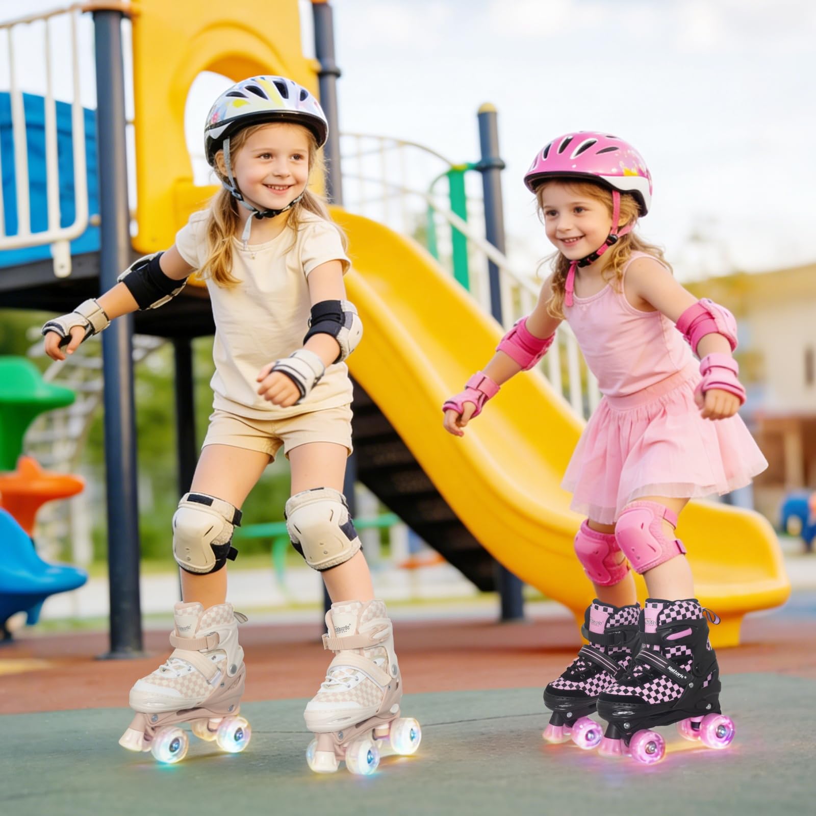 Nattork Verstellbare Rollschuhe für Kinder und Jugendliche, leuchtende Räder, Rollschuhe mit Schachbrettdesign für Jungen und Mädchen