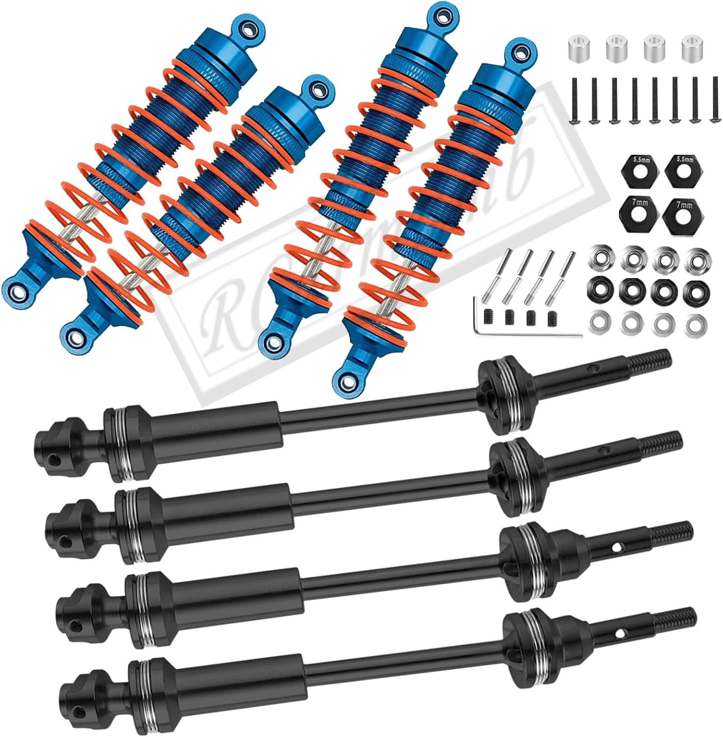 CVD Shock Absorbers Upgrade Parts for 1/10 Slash 4x4,Stampede 4x4,Rustler 4x4,Hoss 4x4,Front Rear 4PCS Steel #45 DriveShaft Axles w/Hex,Alloy Alumium Big Bore Shocks,Black & Navy Blue