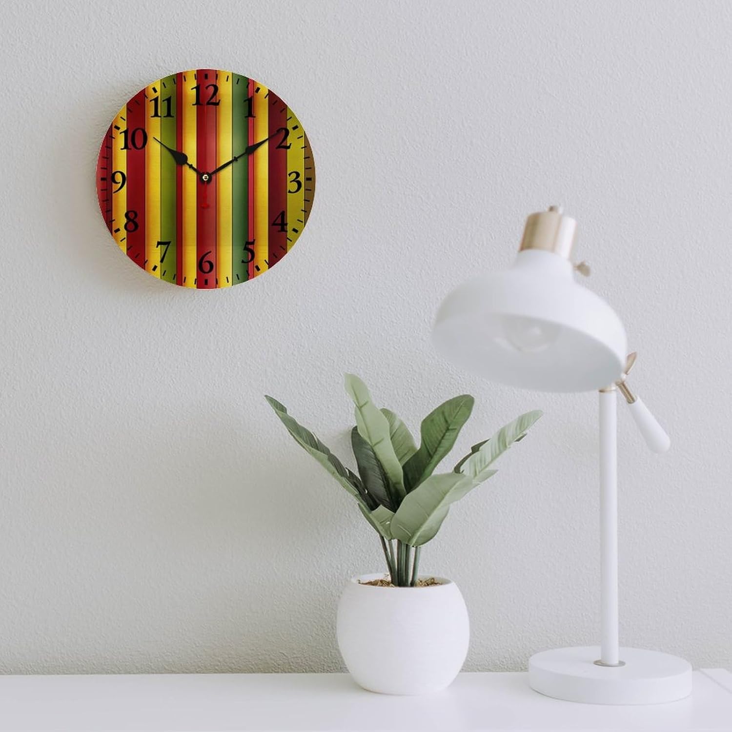 Burgundy Red Green Ochre Yellow Stripes Pattern Wooden Wall Clocks Farmhouse Stripe Check Indoor Wall Clocks Battery Operated for Kids Room and Kitchen Arabic Numbers 16 Inch Round