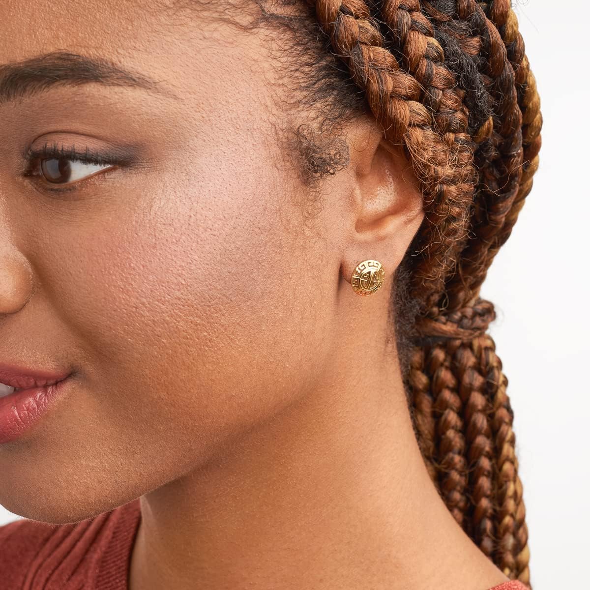 MORGAN & PAIGE .925 Sterling Silver 18K Gold Plated Greek Key Mythology Stud Earrings for Women - Laser Cut Round Greek Pattern Lightweight Jewelry, Hypoallergenic Sterling Silver Earrings