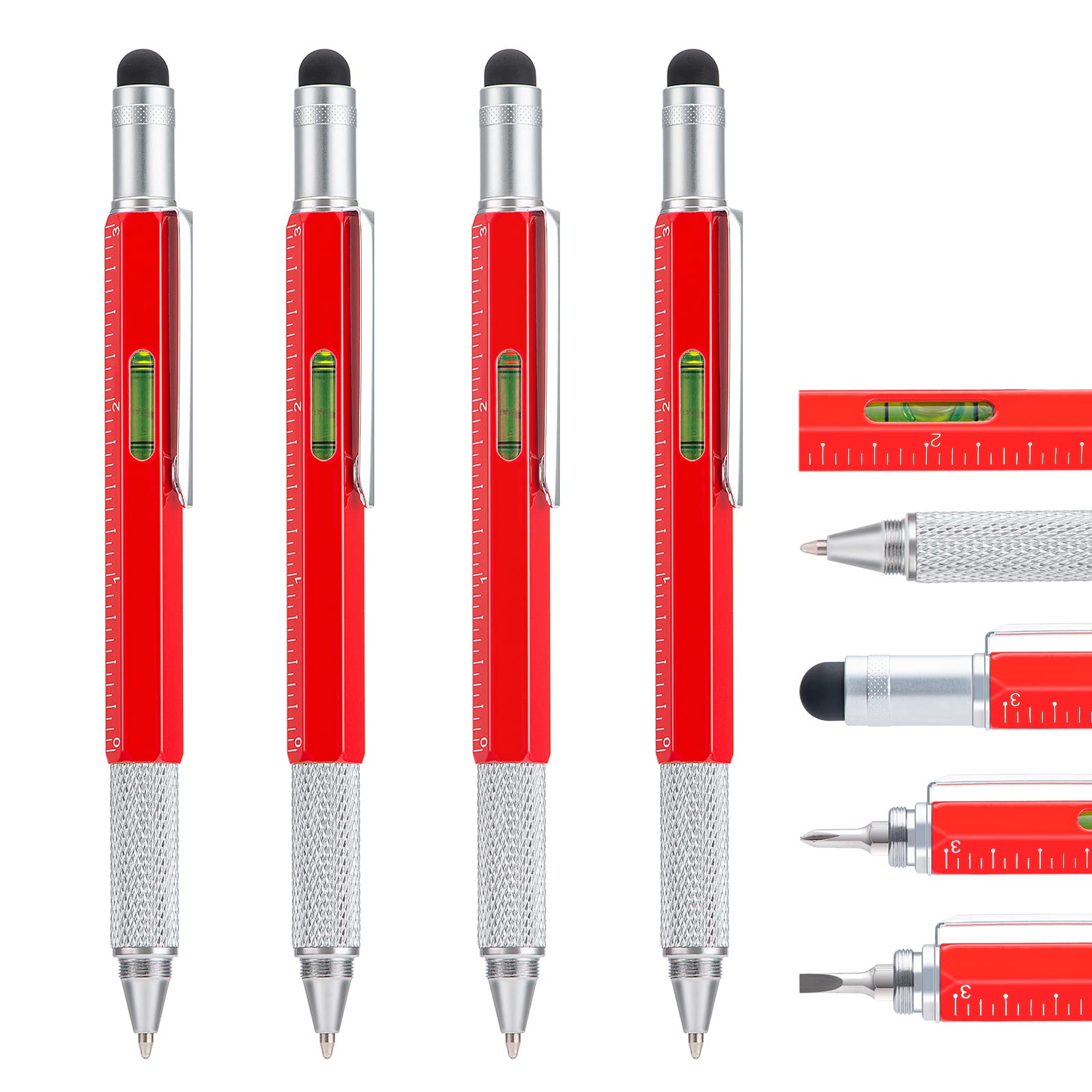 4 Pack Multitool Pen with Extra Refills Set, 6 in 1 Multitool Pen with Ruler & Touch Screen Stylus, Multifunctional Metal Ballpoint Pen, Cool Gadget