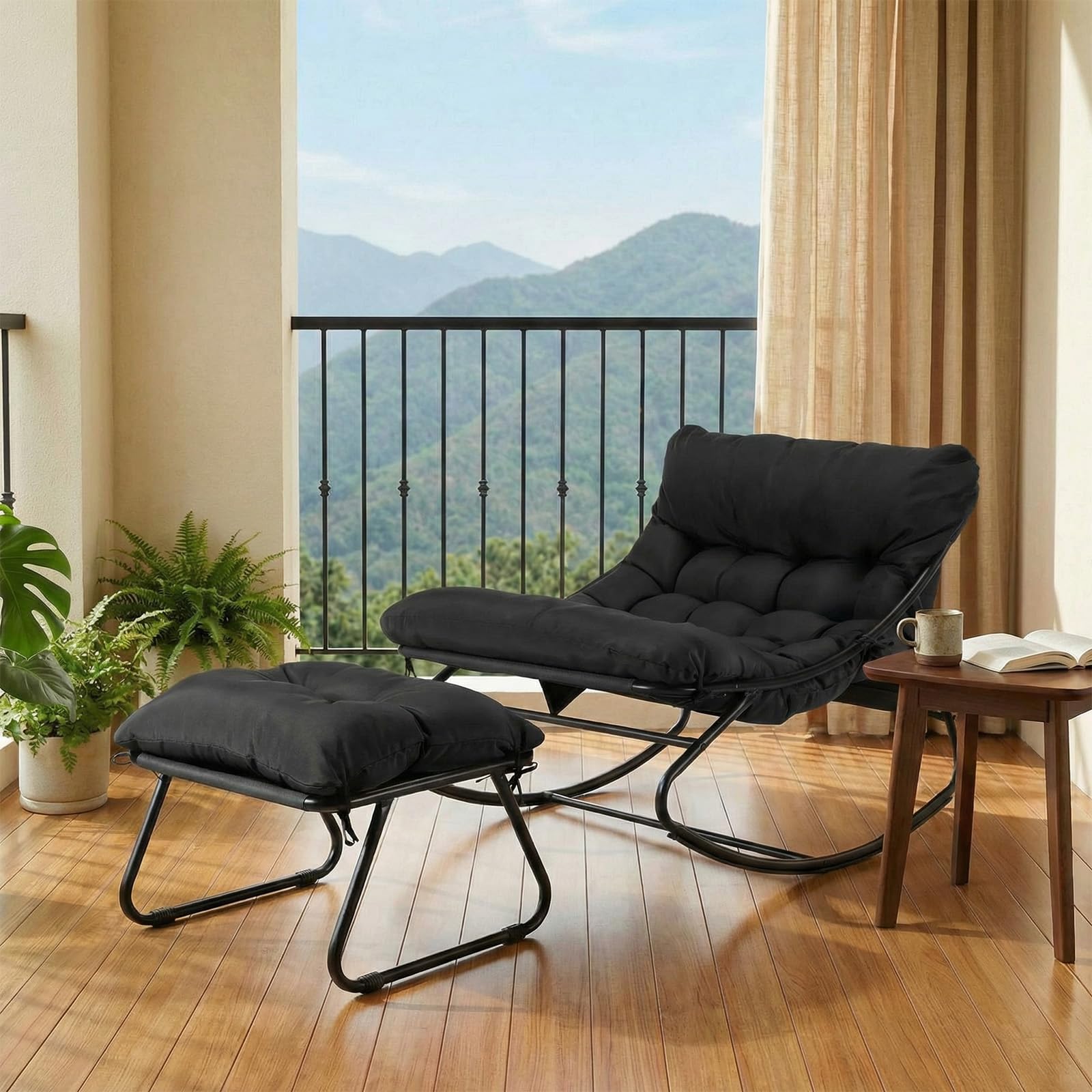 LIFERUN Fotel bujany z taboretem, na patio, fotel bujany z wyściełanym, obciążenie do 150 kg, wodoodporna poduszka, do ogrodu, na balkon, salon, podwórko, do sypialni, na taras, czarny