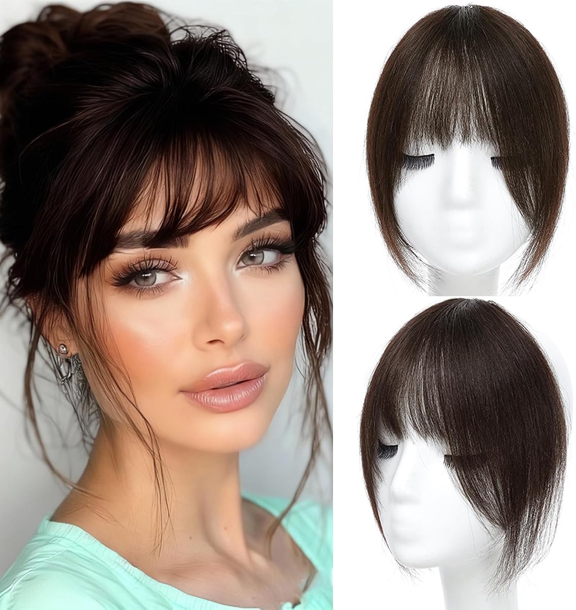 Clip in Bangs Real Human Hair French Bangs with Temples | Curtain Bangs Hair Clip On Bangs for Women Hair Accessories Style Human Hair pieces for Women Daily Wear French-Dark Brown