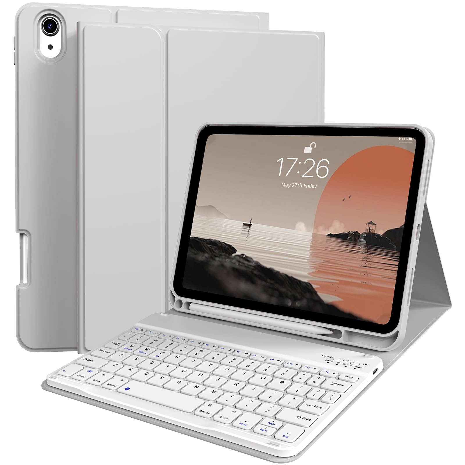 for iPad 11/10th Gen Case with Keyboard 11/10.9 inch 2025 A16/2022, Detachable Wireless Bluetooth Keyboard Case Thin & Light with Built-in Left Side Pencil Holder, White Square Keycaps (Gray)