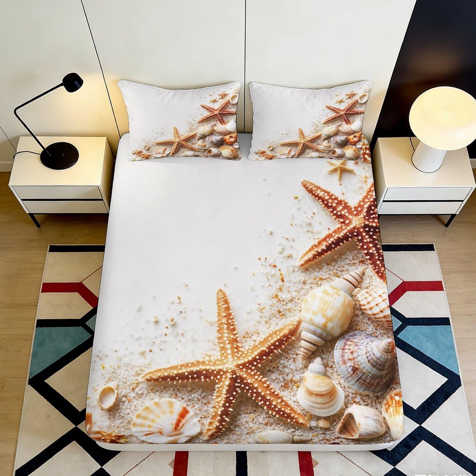 Uynsixtme Style-7 3D Printed Starfish Shell Fitted Sheet Microfiber Deep Pocket Non-Slip Bedroom Bedding Ocean Mattress Fitted Cover For Adults 140X200x25cm