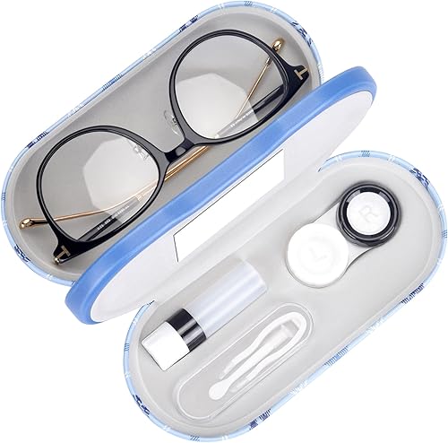 Muf - Estuche portátil 2 en 1 para lentes y lentes de contacto, diseño de doble uso, a prueba de fugas, pinzas y botella con solución incluidas para