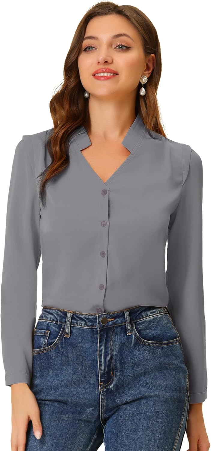 Allegra K Women's Work Office Button Up Shirt Long Sleeve Smooth V Neck Blouse Top 2025
