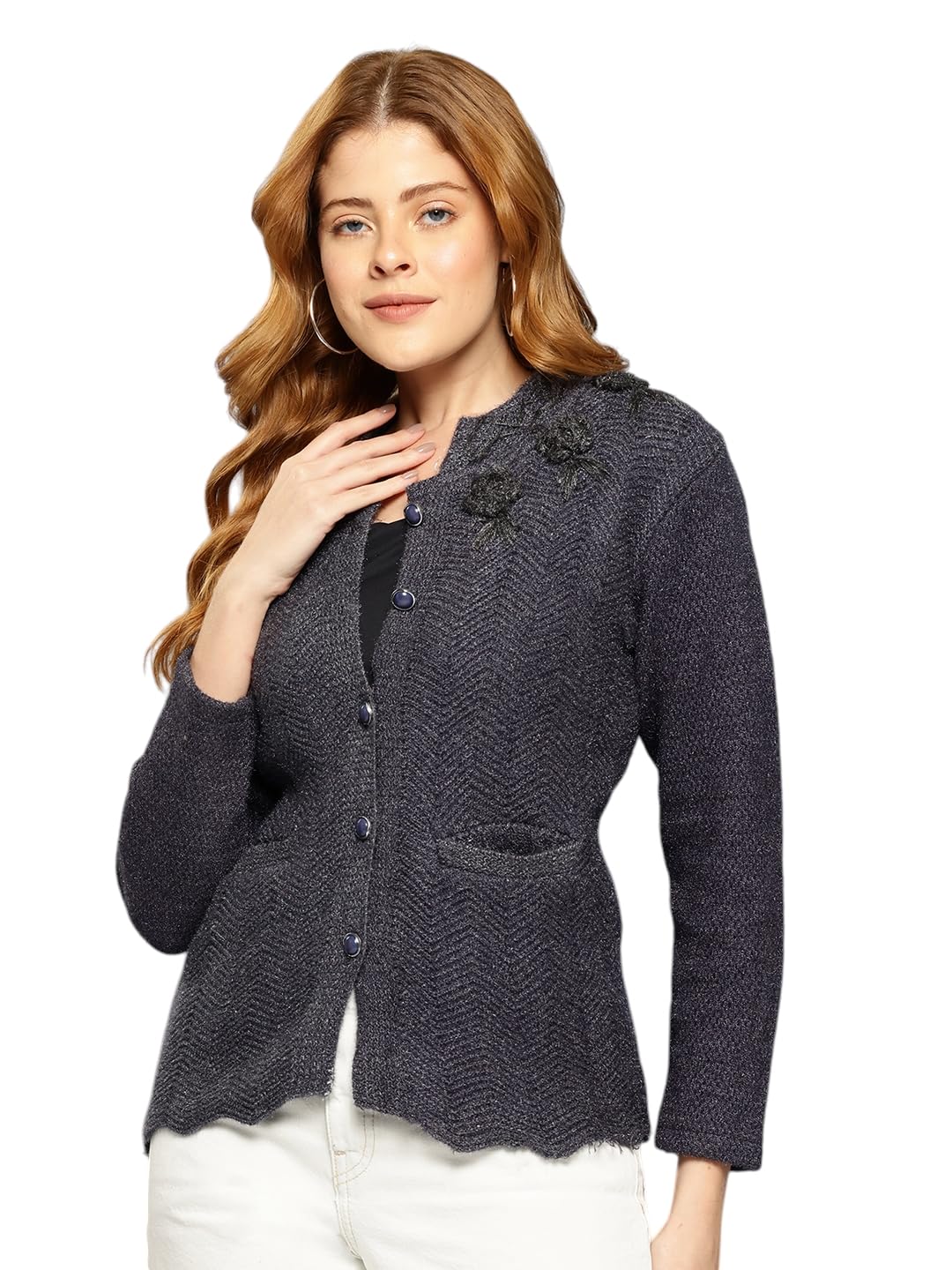 Womens Winter Wear Peach Solid Woolen Cardigan