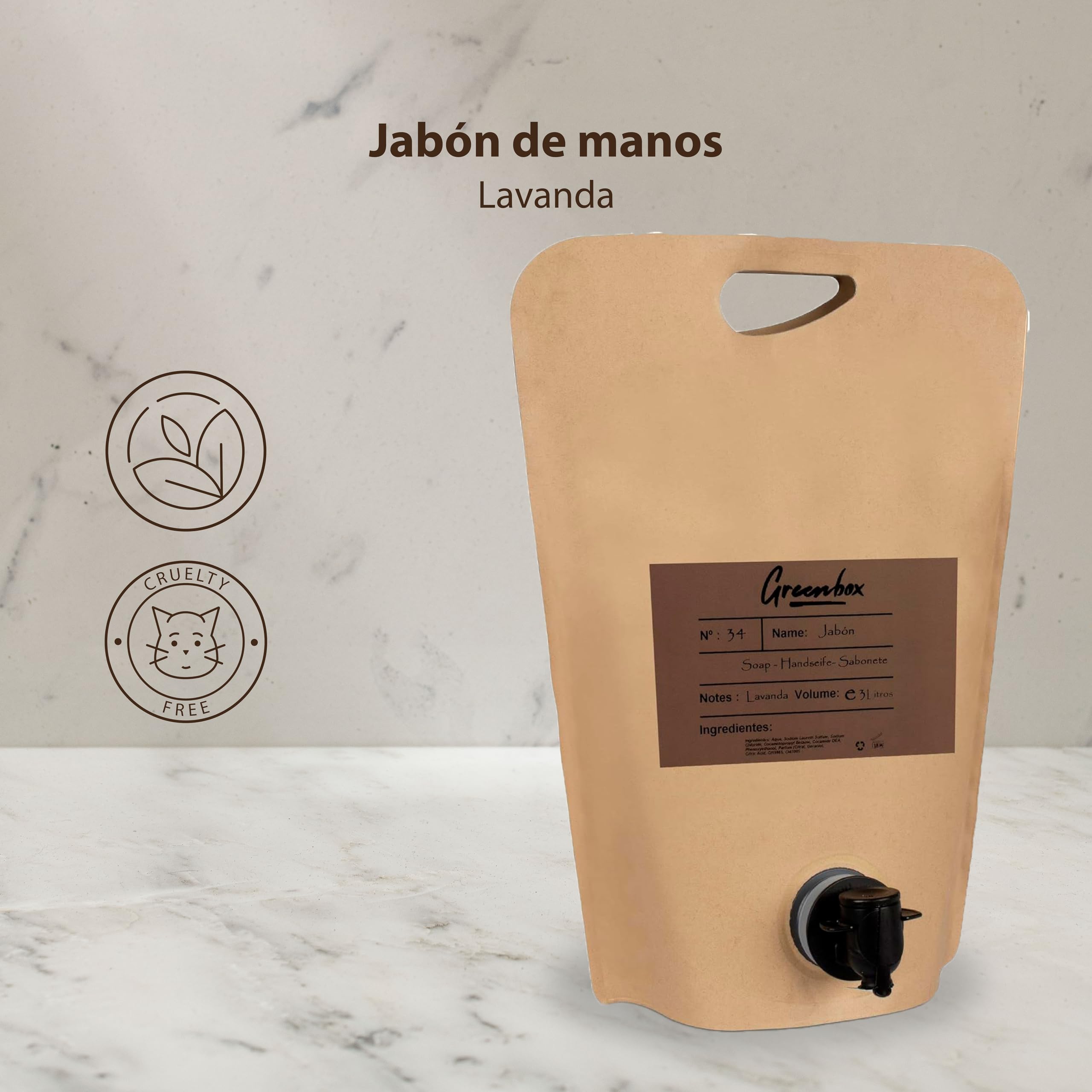 Ricarica sapone mani in "bag in box" BIO - sapone mani idratante 3L. Imballaggio ecologico e maniglia per il trasporto. Risparmia denaro e aiuta l'ambiente.