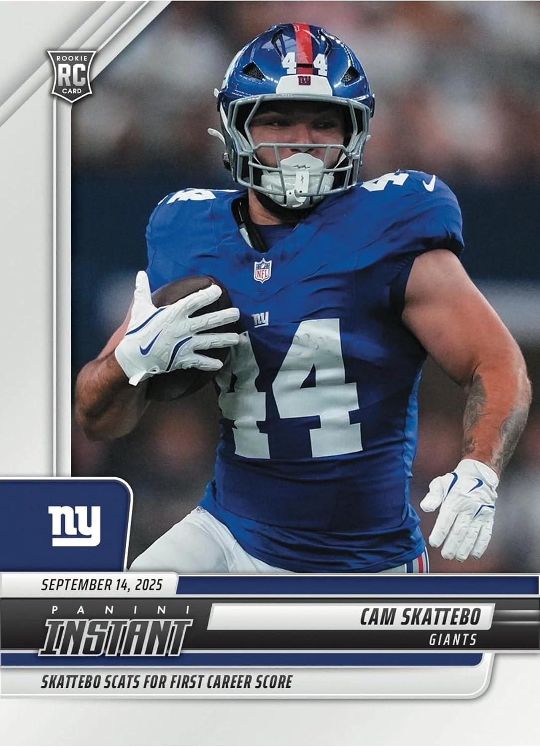 2025 Panini Instant Cam Skattebo RC #70- Skattebo Scats for First Career Score -Giants Rookie Football Trading Card- New York - Each Card Stamped 1 of 1122 on back. Shipped in Protective Screwdown Holder!