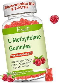 L-Methylfolate 15 mg Gummies with Methyl B12, Folate Supplement for Mood, Brain Health, Immune Support, Raspberry Flavor, 60 Count