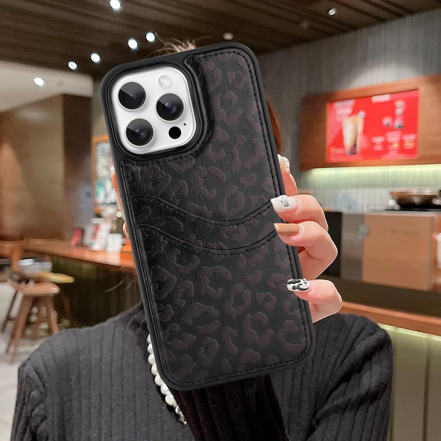 MOWIME Compatible with iPhone 15 Pro Max Wallet Case with Card Holder (2 Cards), Cheetah Print Shockproof Soft TPU Protective Cover Women Girls, Leopard Case for iPhone 15 Pro Max 6.7 Inch, Black - Image 8