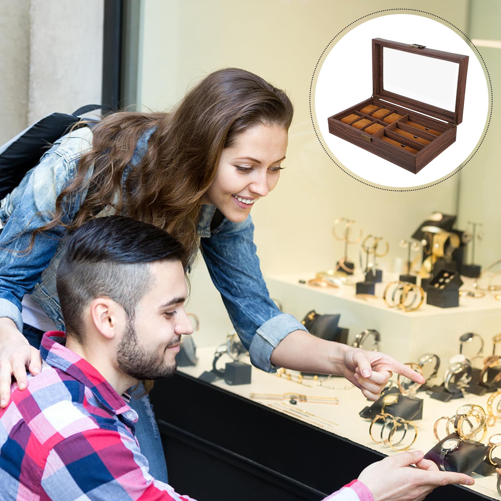 TOYANDONA Caja Organizadora y 3 Espacios Retro de Relojes y Gafas de Madera 6 Compartimentos Estuche Funcional para Almacenamiento y Exhibición para Relojes para Gafas