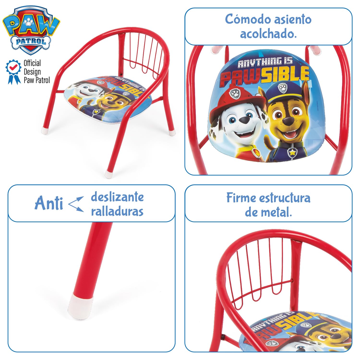 ARDITEX Silla Infantil Patrulla Canina, Silla Metal 35,5 x 30 x 33,5 cm Roja