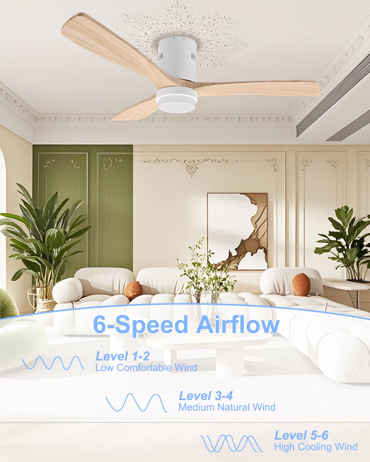 Ventiladores de techo de 52 pulgadas con luces y control remoto, ventilador de techo de madera moderno para interiores y exteriores con motor de CC silencioso reversible, 6 velocidades, 3 7
