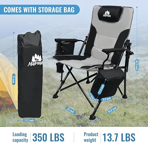 Miniatura 2 de Sillas de campamento con respaldo ajustable, soporta hasta 350 libras, sillas plegables con soporte para tazas, bolsa refrigerante, almohada