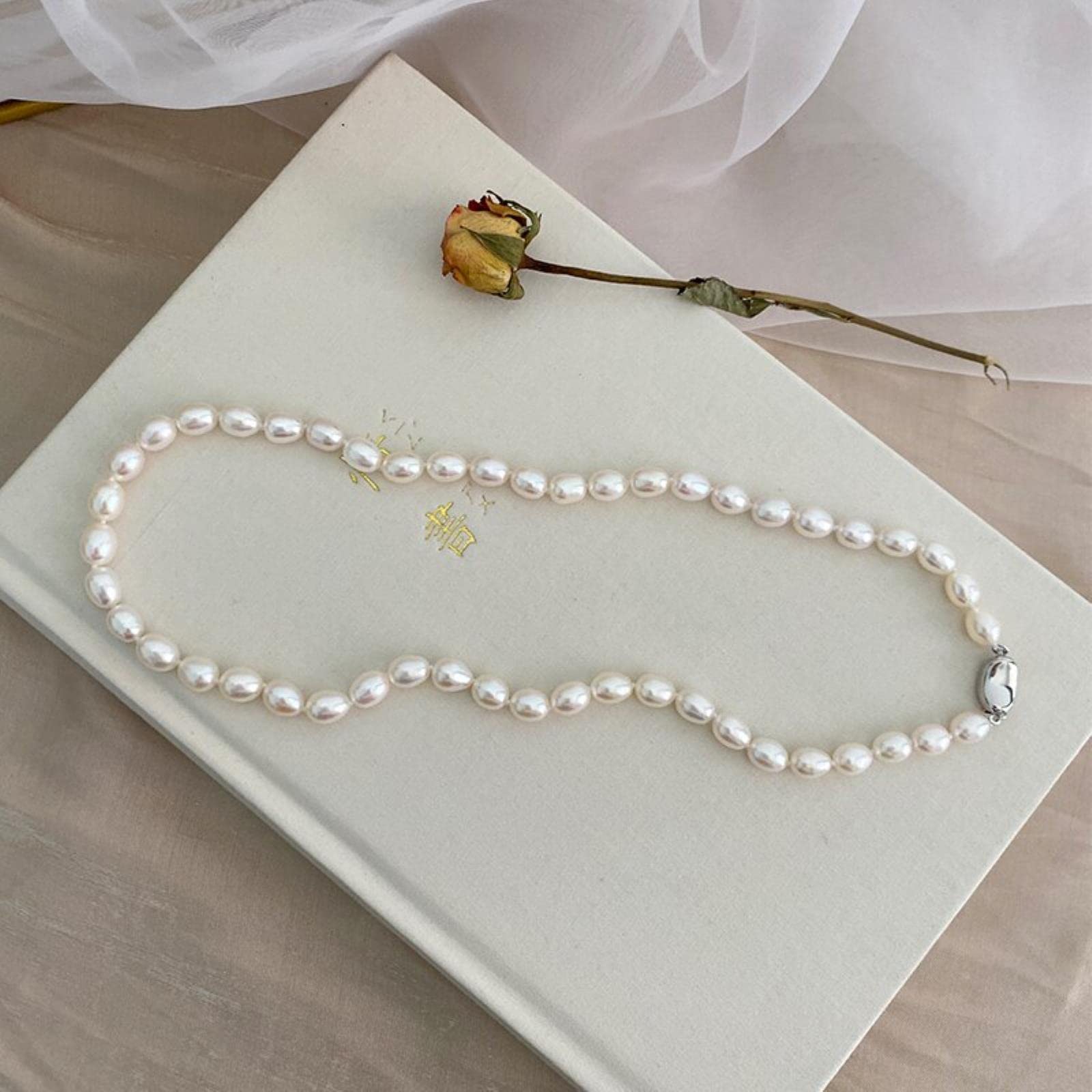 Collar De Perlas Naturales De Agua Dulce De 7-8mm para Mujer, Hebilla De Plata De Ley 925 Genuina, Regalo De Joyería De Perlas Blancas En Forma De Arroz
