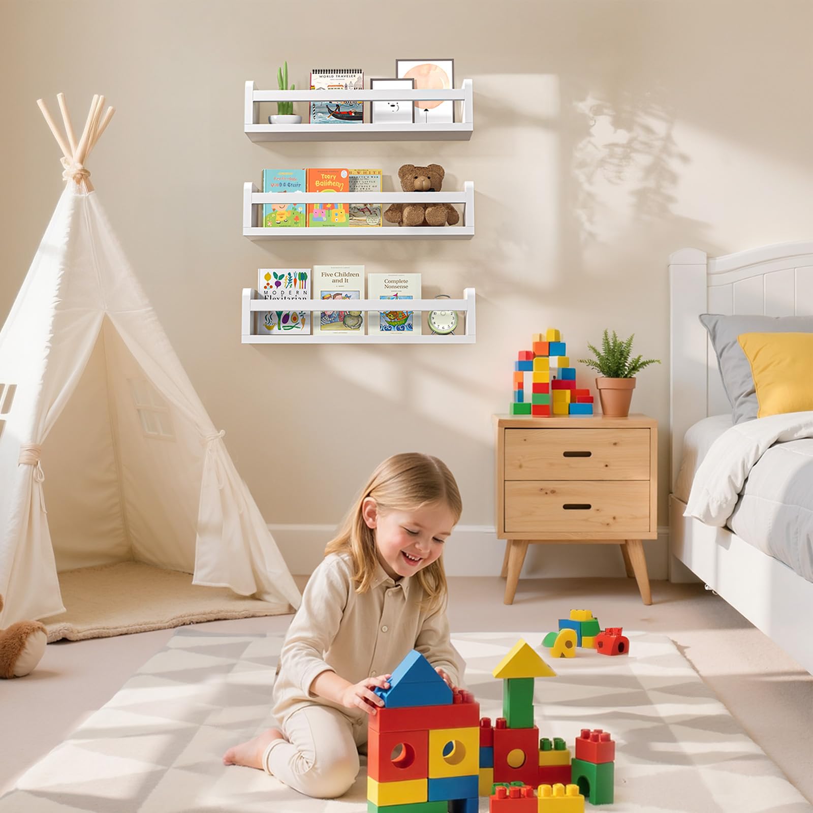 Condition photo showing New/Like New for floating wall nursery book shelves, white, 16.5 inch, set of 3 | wooden, wall mounted, for kids rooms, toddler bookshelf