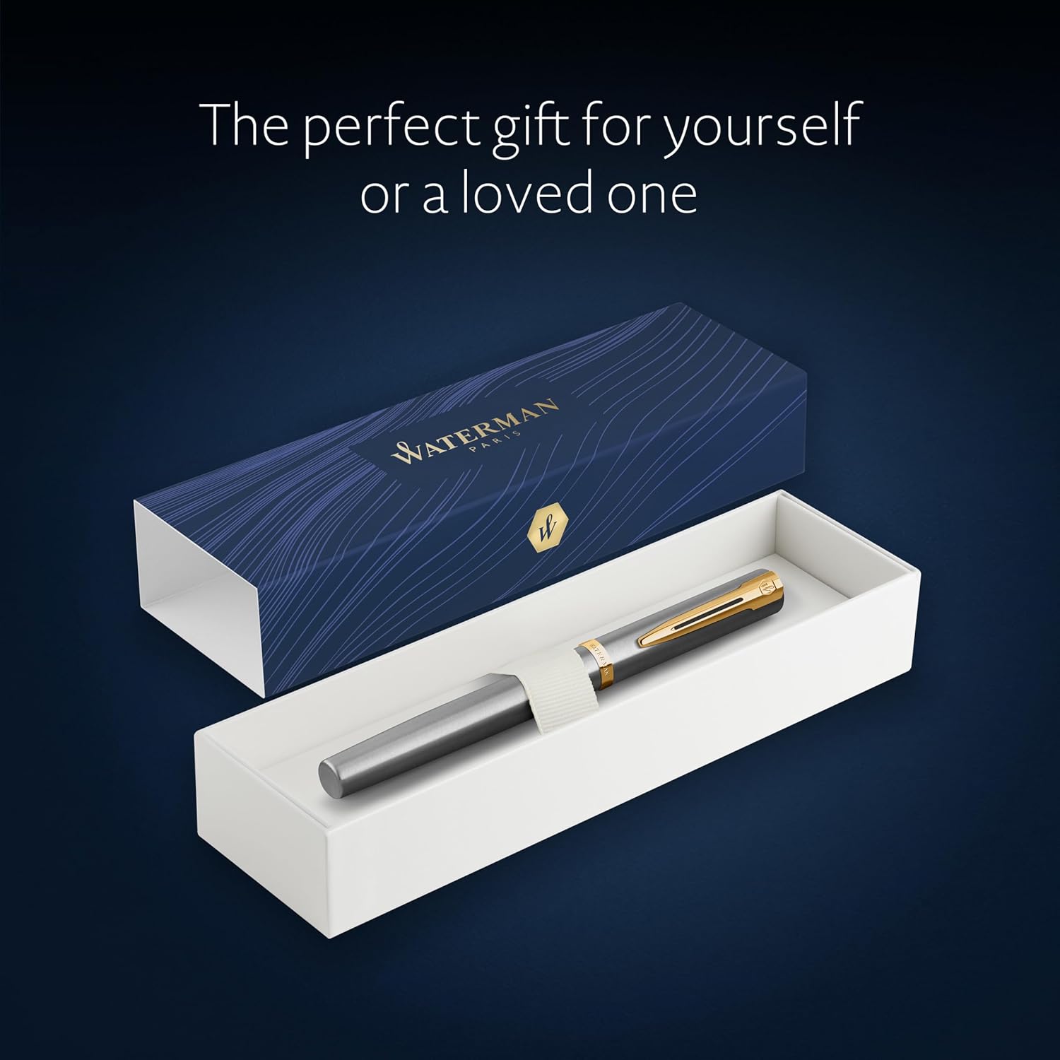 Waterman Impression Fountain Pen | Stainless Steel with Gold Trim | Medium Nib | Blue Ink | Gift Box