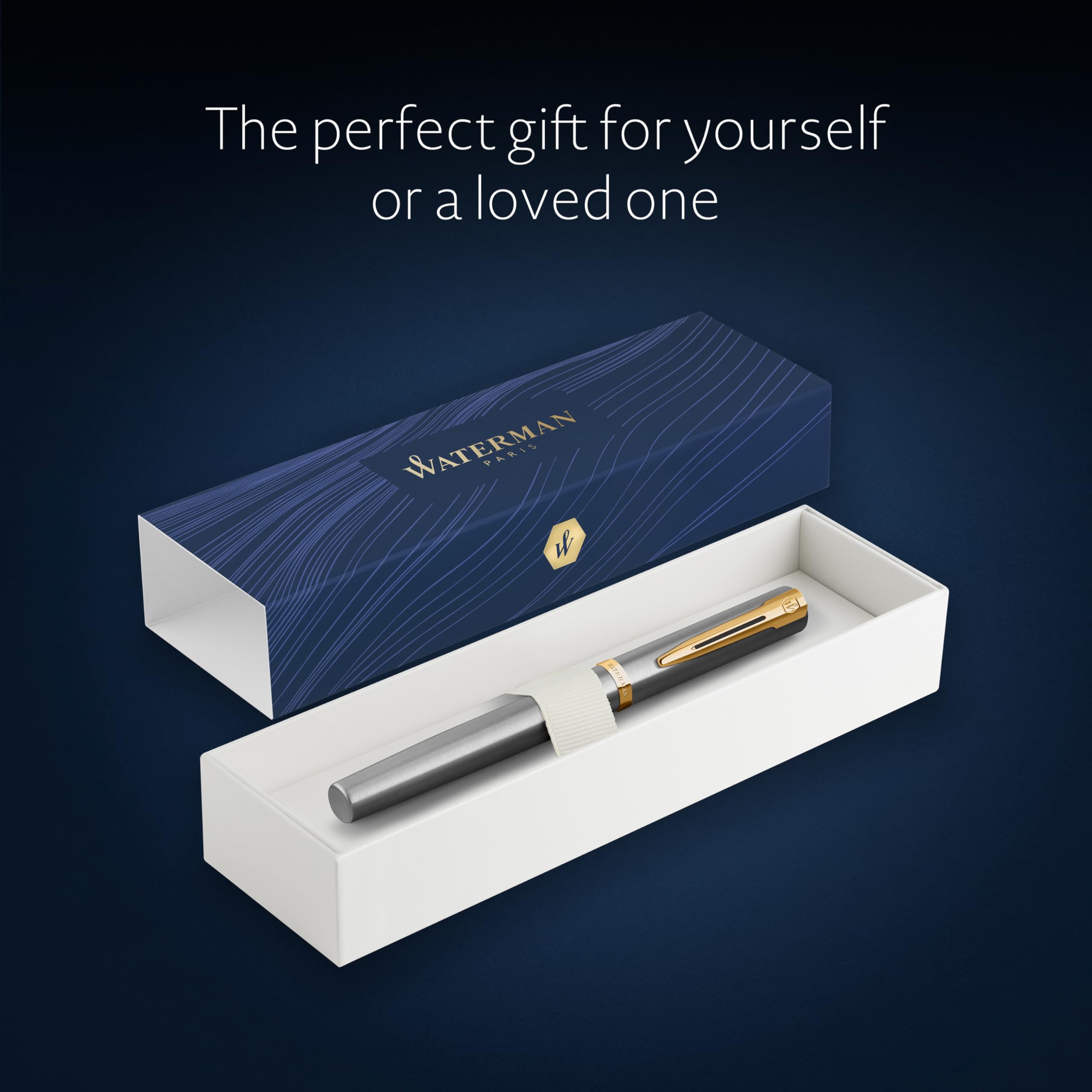 Waterman Impression Pluma estilográfica | Plumín fino con recarga de tinta azul | Acero inoxidable con adornos chapados en oro | Caja de regalo