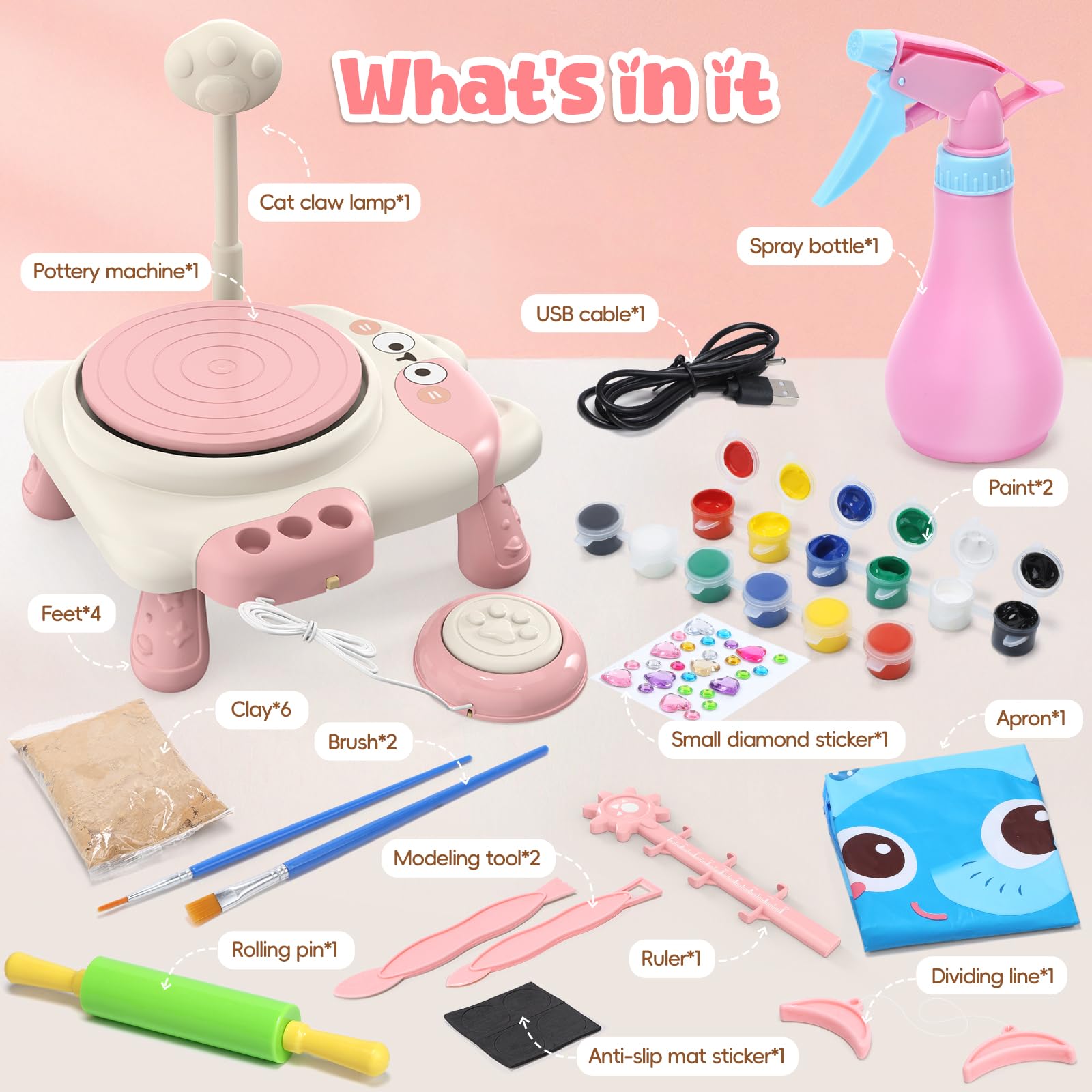 Skirfy Pottery Wheel for Kids Beginners with Light,Arts and Crafts for Kids Ages 8-12,Ceramic Wheel with Painting Kit, Adjustable Speed,Birthday Christmas Thanksgiving Gift for Girls Boys Age 6+