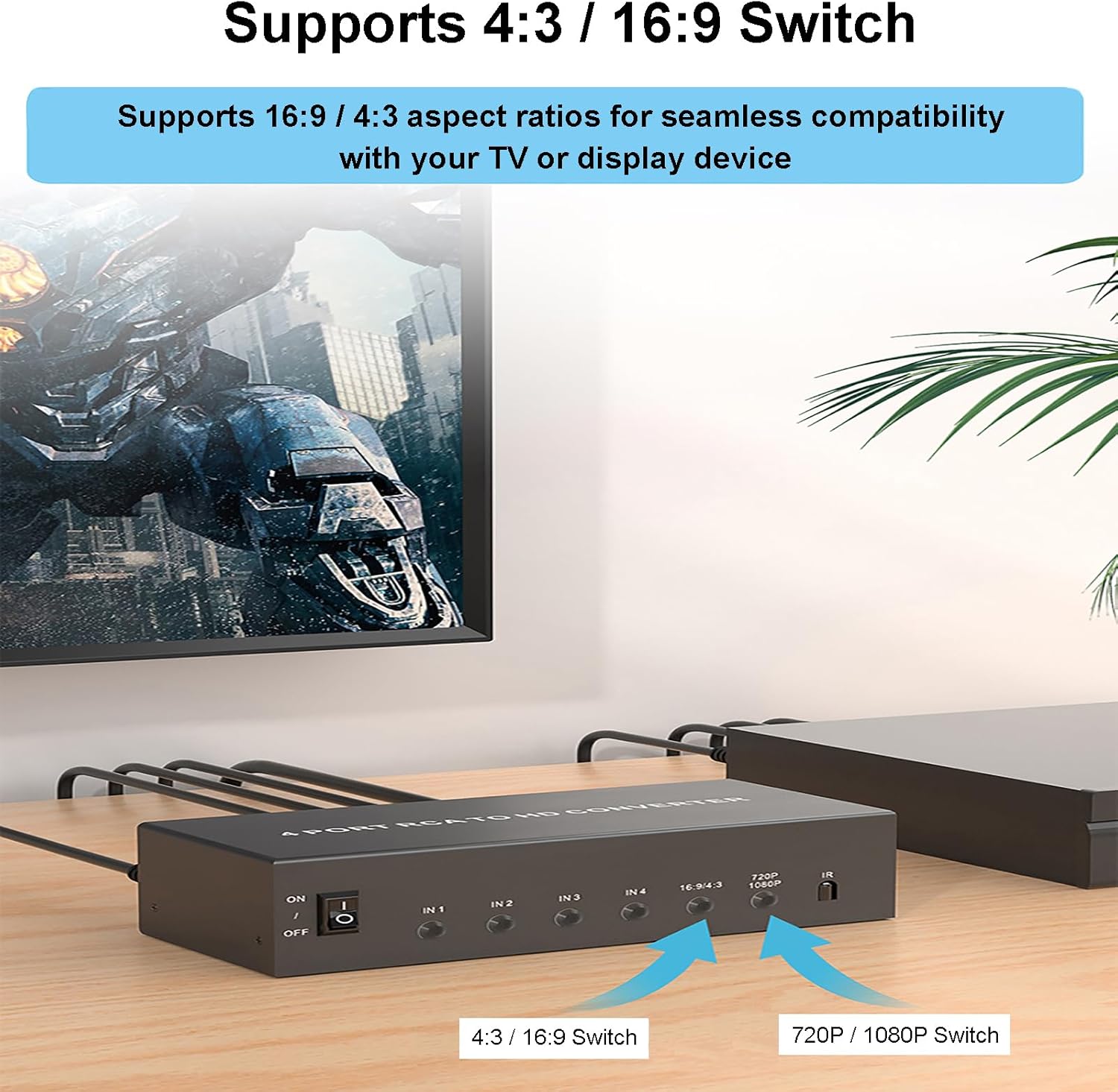 4 Port AV to HDMI Converter 1080P, Fit for RCA/Composite/CVBS to HDMI Converter Adapter, Support 16:9/4:3 Switch, Compatible with Wii N64 PS1 PS2 PS3 VHS VCR DVD Players etc (with Remote)