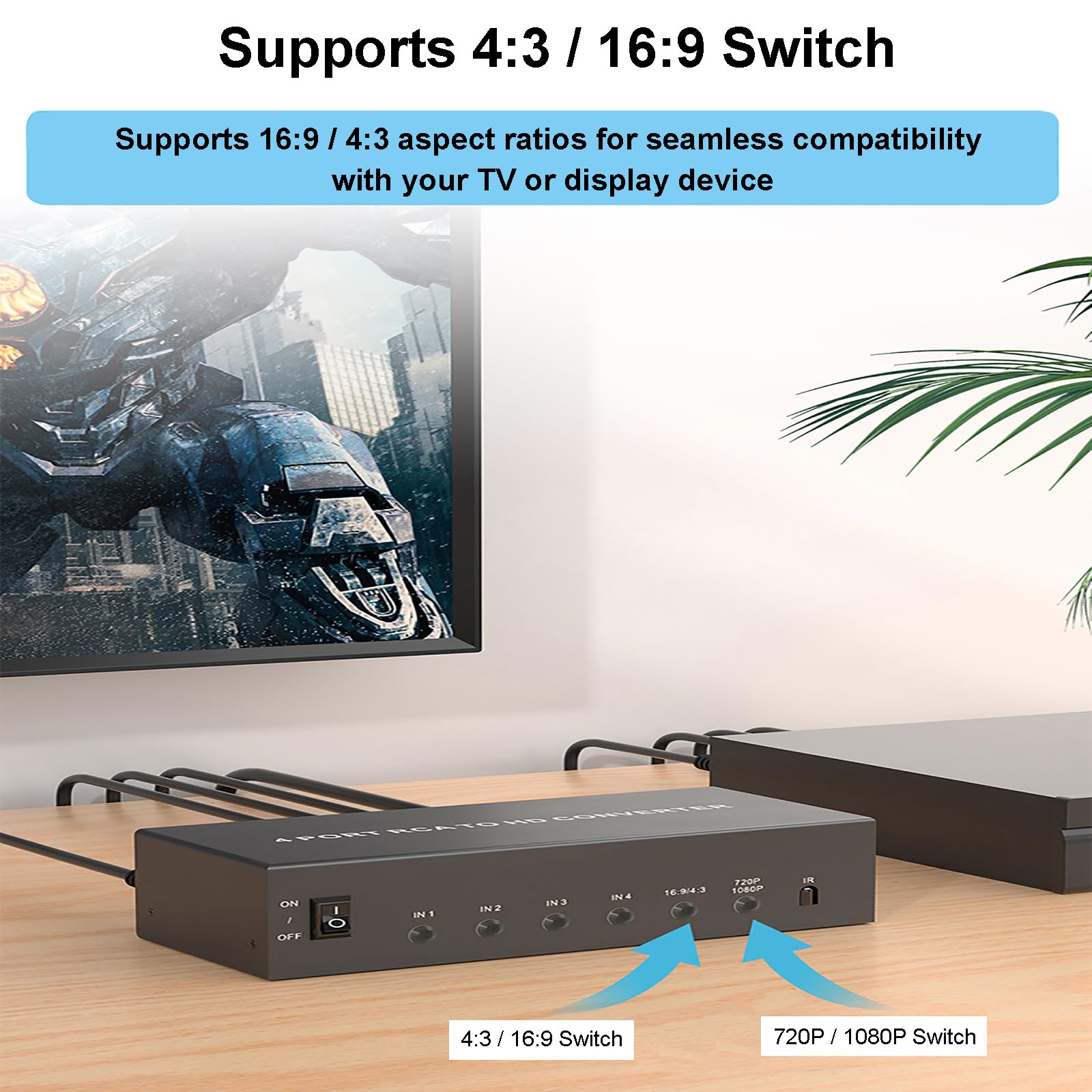 Convertidor AV a HDMI de 4 puertos, adaptador RCA (rojo, amarillo y blanco) a salida HDMI | 4 entradas compuestas, 1 salida HDMI, salida 720P/1080P (60HZ), soporta conmutación 4:3/16:9, con control remoto IR