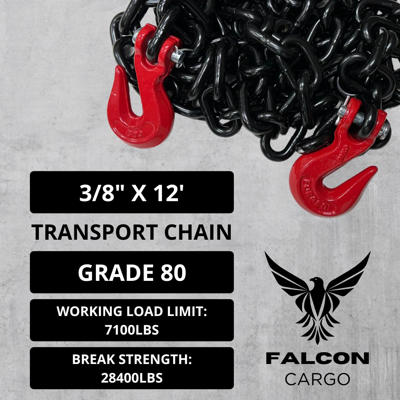 Catena da trasporto da 3/8" x 12' (4 pezzi) grado 80 – 3.220 kg WLL – Gancio a forcella, legare, trainare