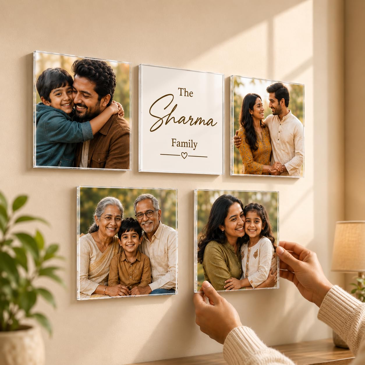 snaptrap customized square acrylic photo frame for wall decor | personalized acrylic wall photo | custom photo collage frame | frameless peel & stick family picture wall art gift (square, small)