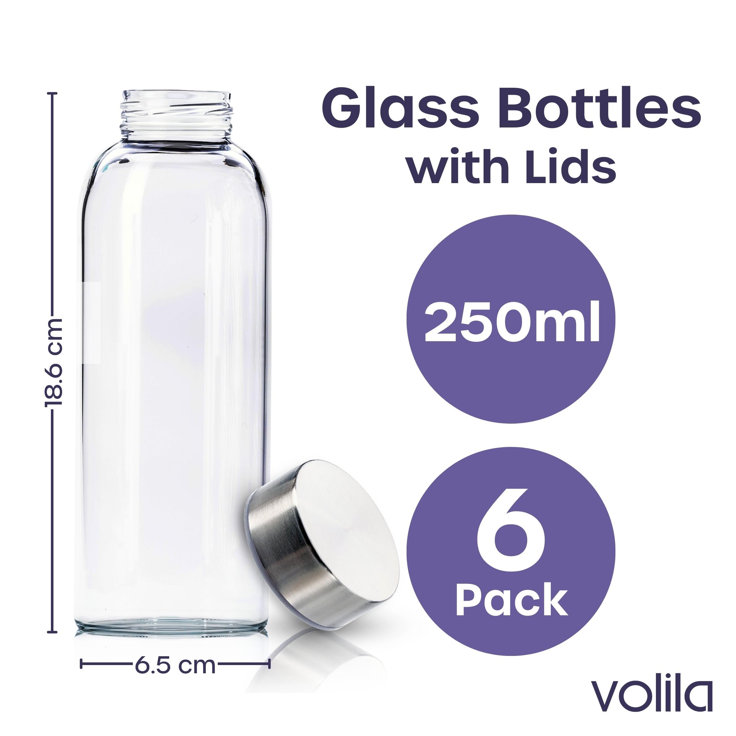volila Glass Bottles with Lids, 6 Pack 250ml Leakproof, Reusable Glass Drinking Bottle for Water Juice, Milk and Smoothie - Image 2