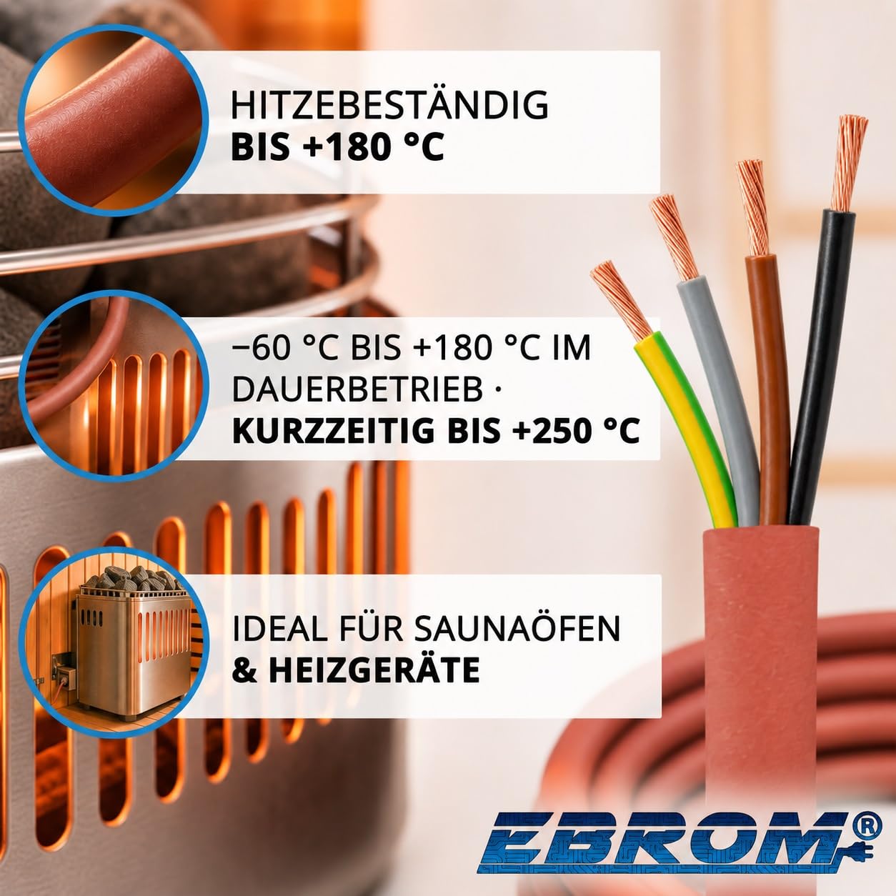 Kabel silikonowy (kabel do sauny) towar sprzedawany na metry SIHF-J 4 x 0,75 mm² (mm2) 100% miedź OFC ocynkowana – wybór w odstępach 1 metra (patrz rozwijane menu)