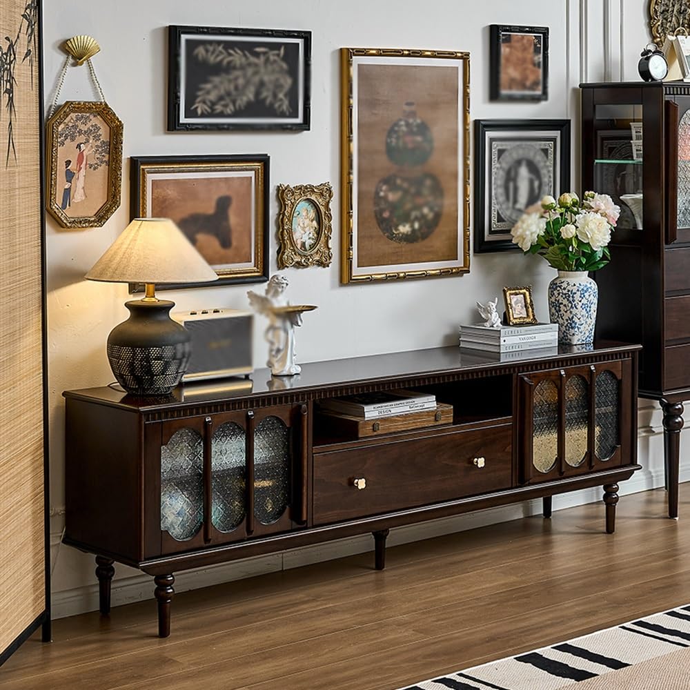 Console Multimediale Moderna 200cm Console Noce Massello Vintage, Hub Intrattenimento Soggiorno, Mobile Deposito per Alberghi & Spazi Aziendali per Soggiorno Camera da Letto