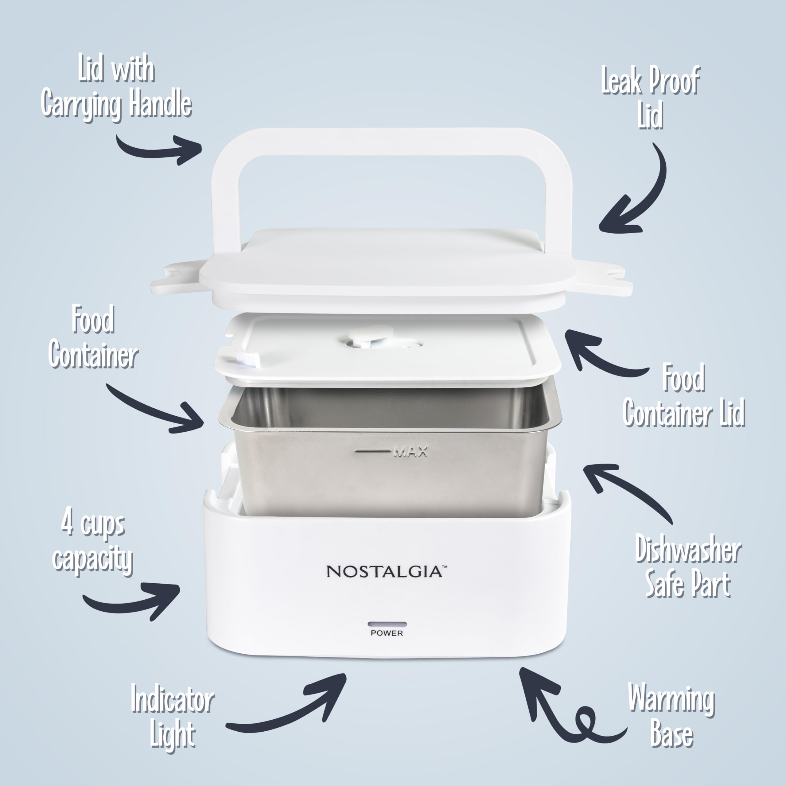 Nostalgia Lonchera portátil con calefacción, calentador de alimentos de acero inoxidable para 4 tazas, cable desmontable, tapa a prueba de fugas, asa de transporte, portátil para el trabajo y viajes