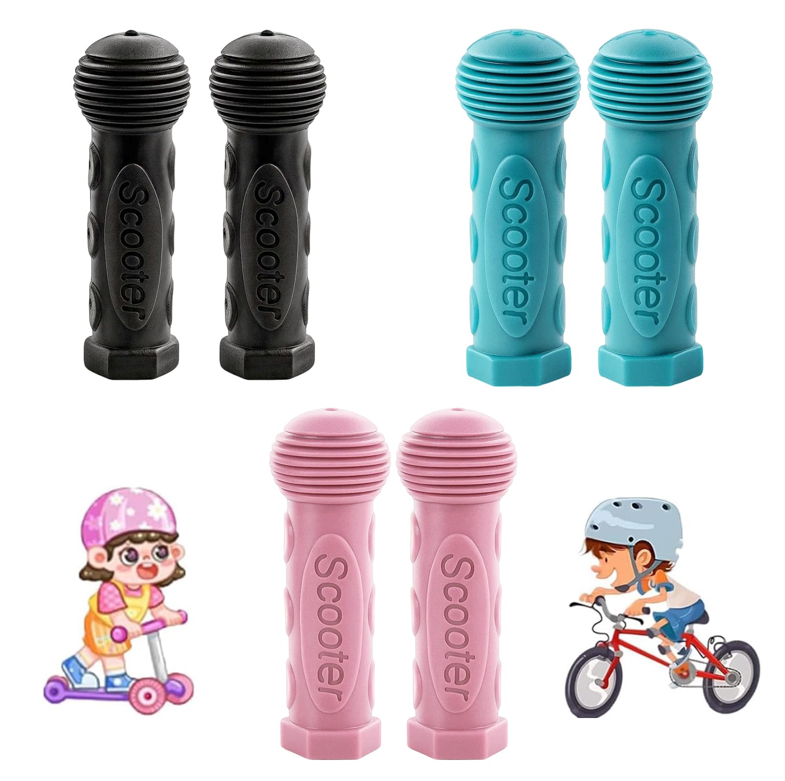 3 Pairs Handles Grips, Micro Scooter Handles for Kids Bike, Non-Slip Scooter Handle Grips, Black Pink Blue Bicycle Handlebars for Children's Bicycle