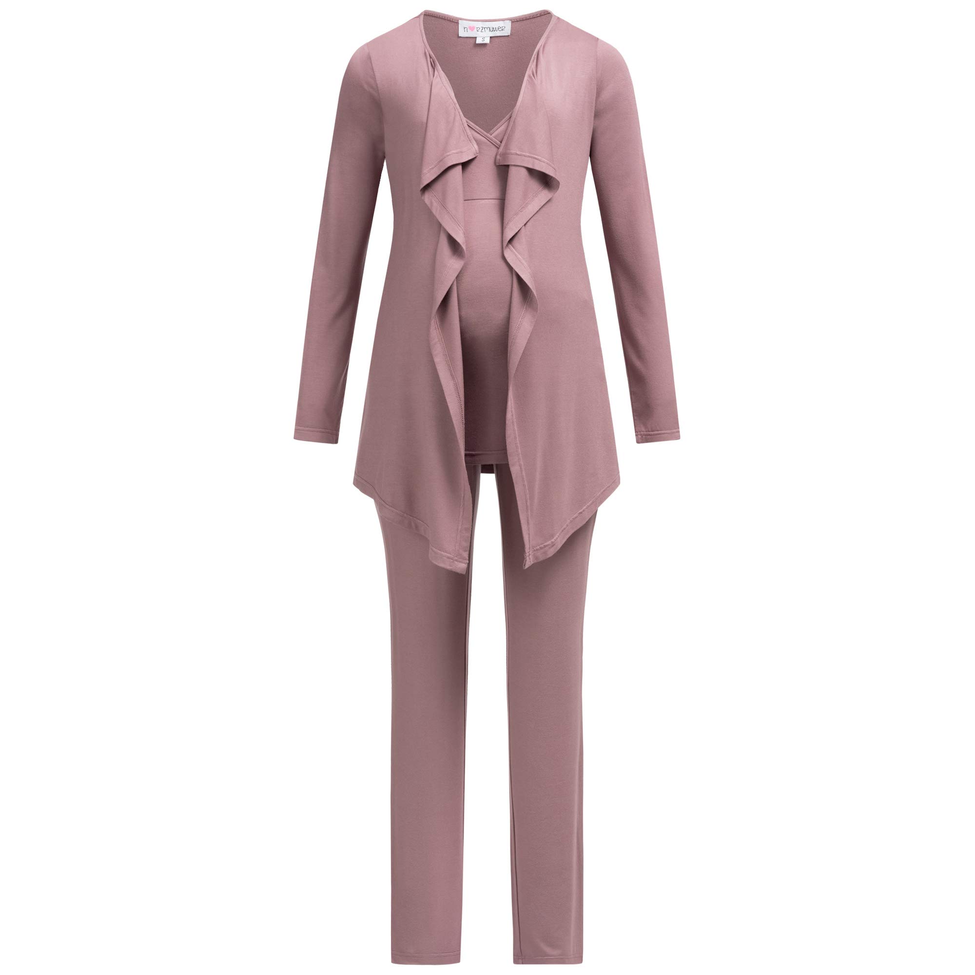 HerzmutterMaternity Nursing Pyjama Set Top & Botton & Cardigan 3 Piece for Pregnant Women Breastfeeding Loungewear Nightwear Sleepwear PJ for Hospital Labour Nursing 8100