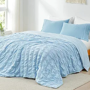Cozy Bliss Cooling Comforter King Size Seersucker Plaid, Q-Max 0.4 Reversible Lightweight Cooling Blanket, Breathable Silk Smooth Summer Bedding Quilt for Hot Sleepers Night Sweats Blue