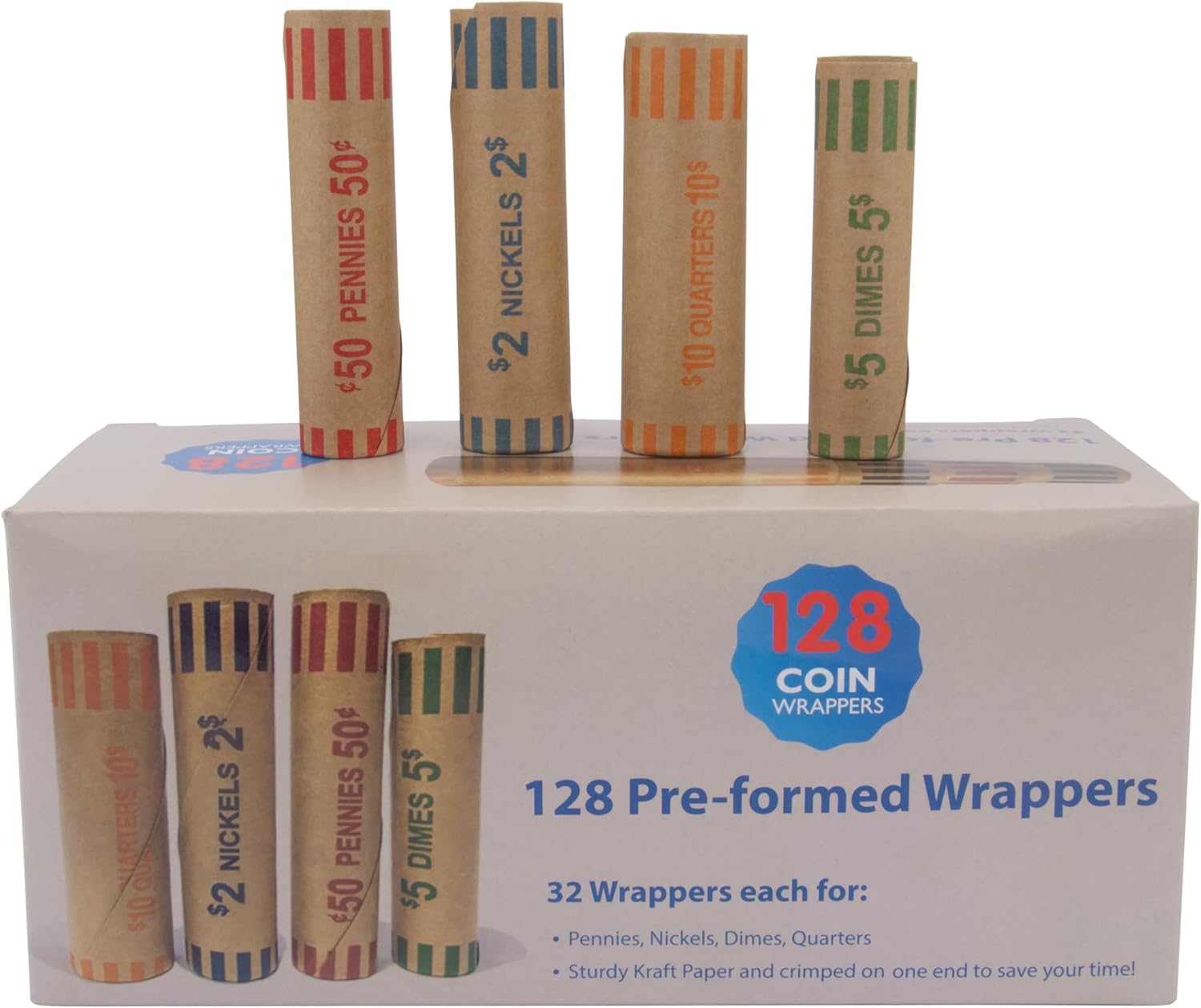 L LIKED 128 Assorted Coin Preformed Wrappers Rolls - Quarters, Pennies, Nickels and Dimes (128 Assorted) : Office Products