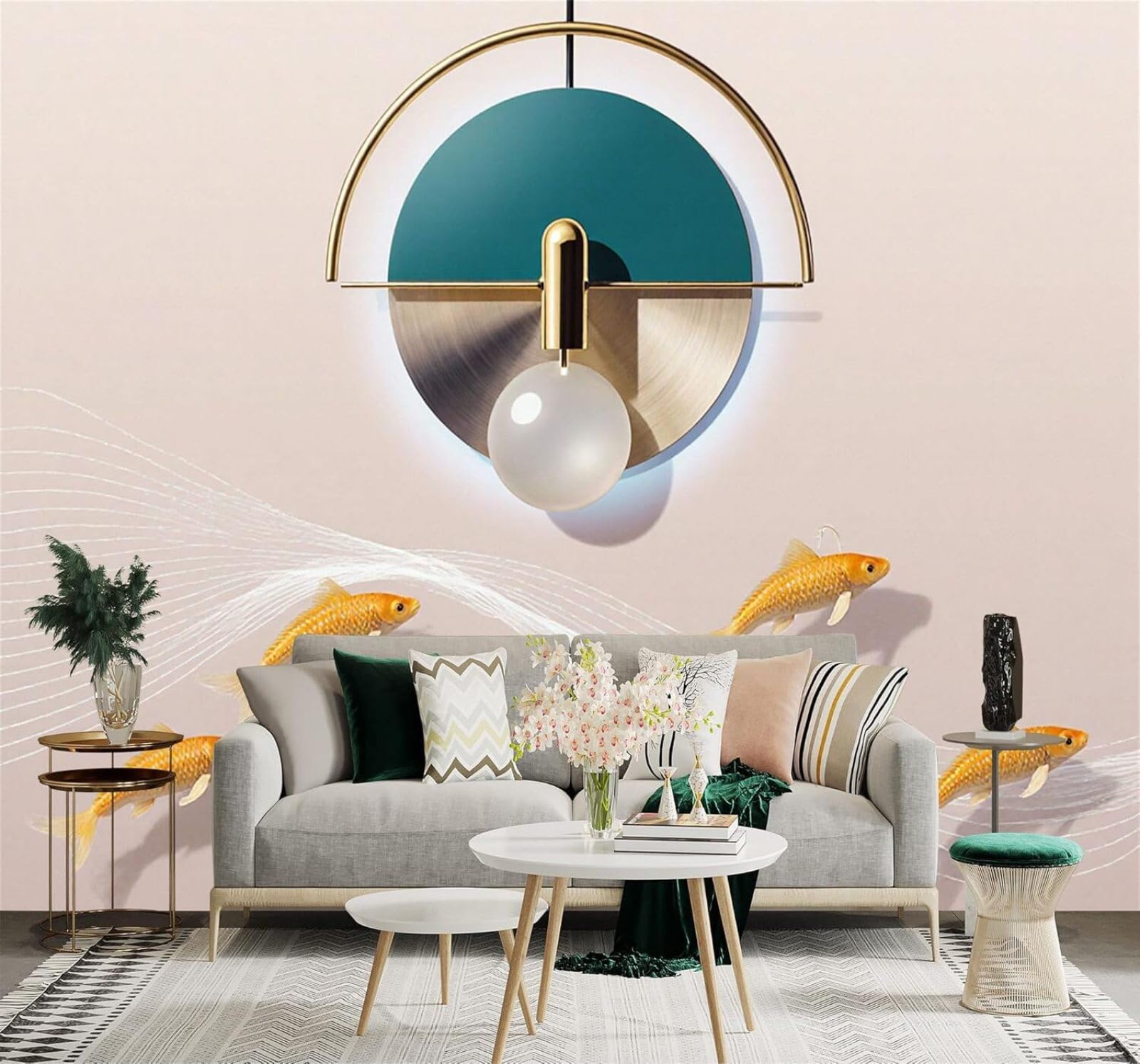 XLMING Creative Golden Koi Abstract Lighting Fluid Lines Art 3D Wallpaper Silky Texture Home Study Office Grey Dining Room Sofa Bedroom Living Room TV Backdrop-350cm×256cm