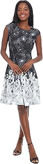Womens Women's Fit and Flare Knee Length Cap Sleeve Round Neck - Border Print Special Occasion Cocktail Dress