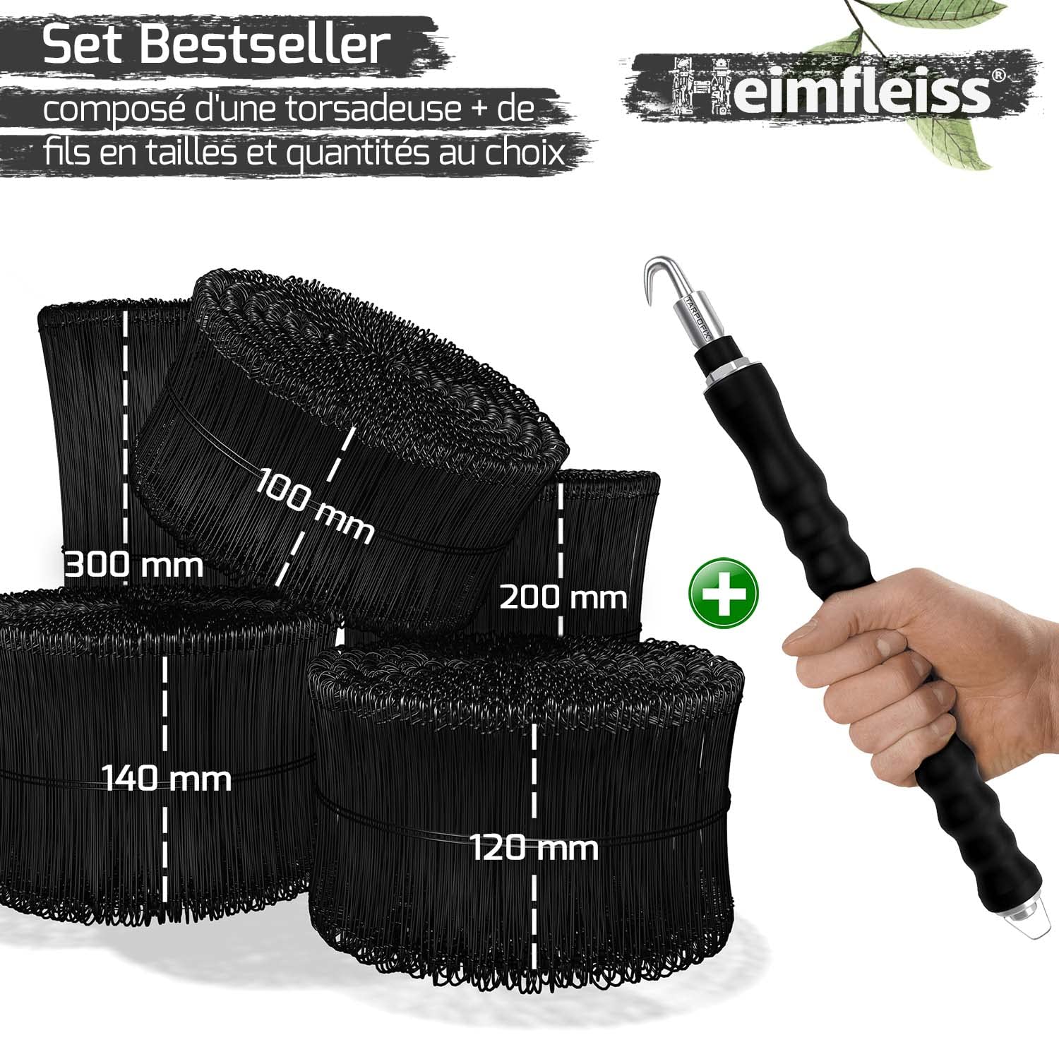 Heimfleiss® Torsadeuse + fil de fer recuit de PVC 1,4 x 100-300mm (1000 pcs.) - Set de qualité torsadeuse fil de fer & fil de ligature - Fermeture de fil de fer Fil de fer à œillet