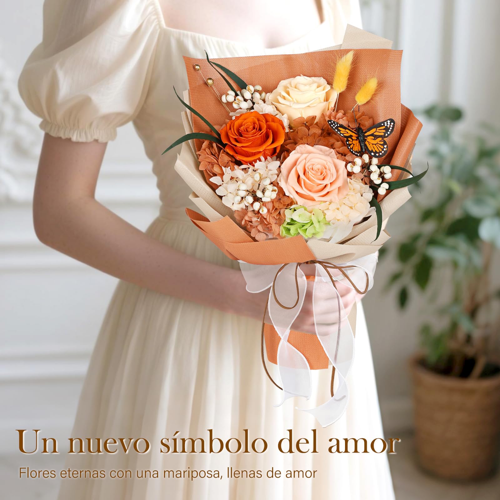 Ramo de Flores Preservadas con Mariposa, 3 Rosas Eternas y Flores, Ramo de Rosas Eternas Duraderas, Regalos para Mujer, San Valentín, Aniversario, Cumpleaños y Día de la Madre, Novia, Esposa, Madre